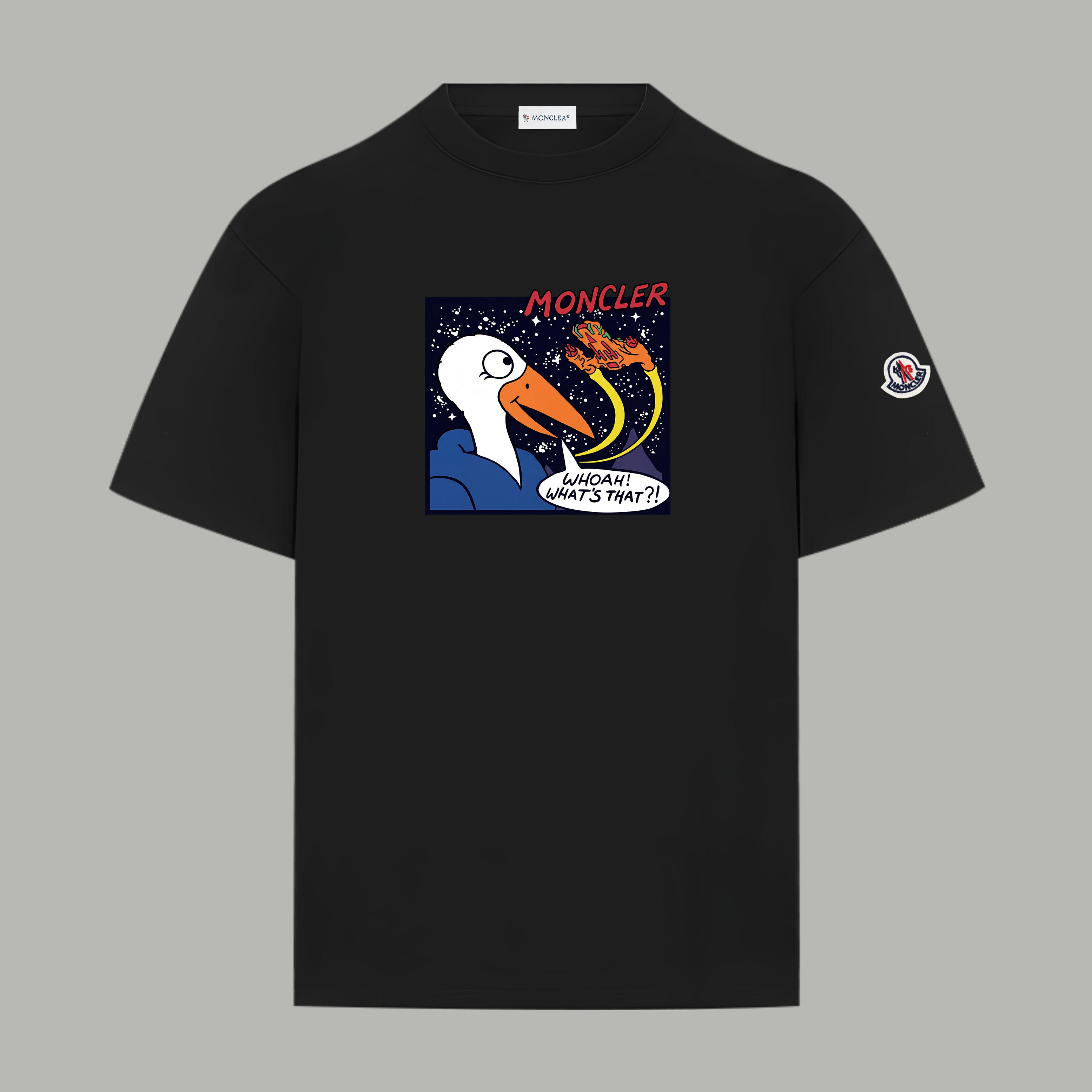 Black short-sleeve T-shirt with colorful cartoon graphic and MONCLER logo on chest