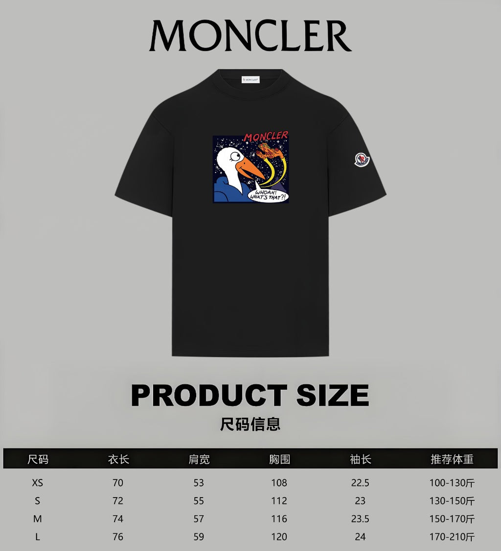 Black MONCLER graphic T-shirt with product size chart