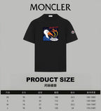 Black MONCLER graphic T-shirt with product size chart