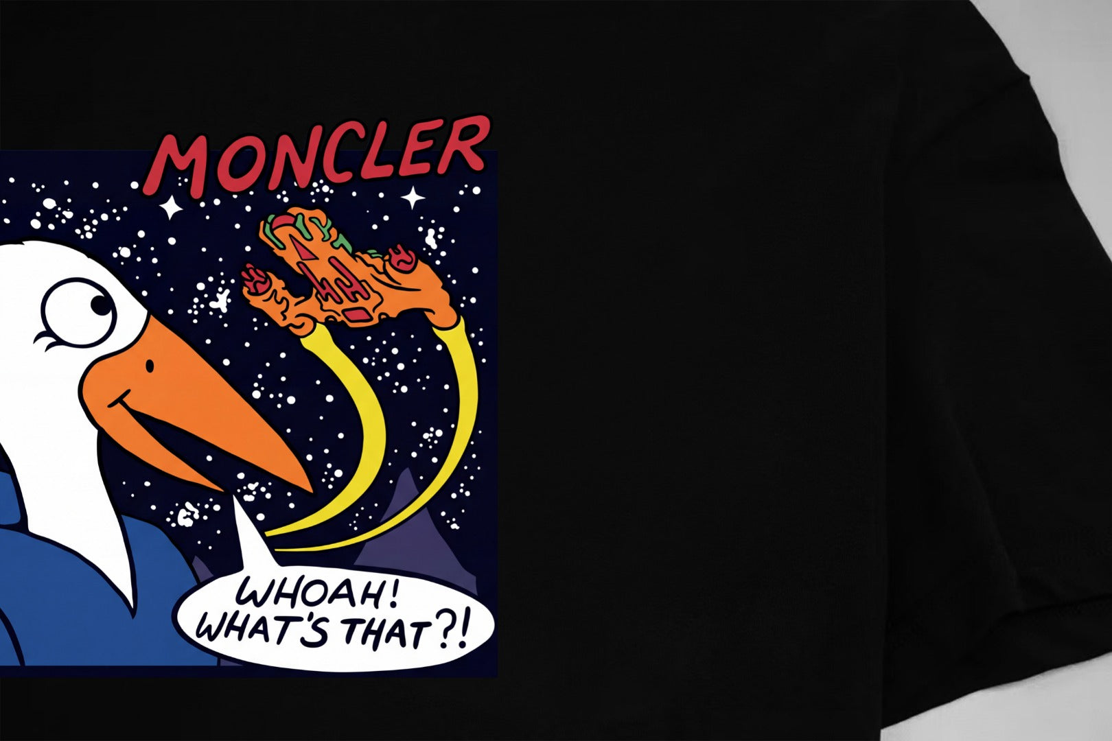 Black short-sleeve T-shirt close-up of colorful cartoon MONCLER chest graphic