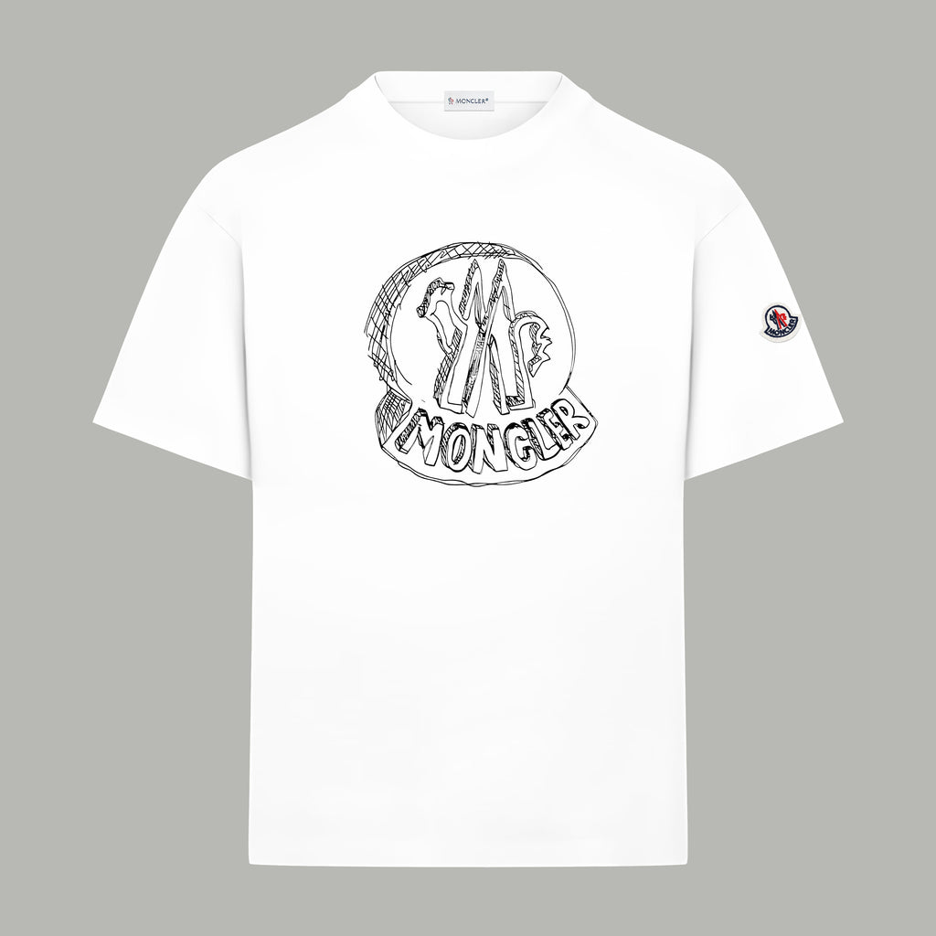 Moncler short-sleeve T-shirt in white with circular front graphic and sleeve patch