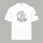 Moncler short-sleeve T-shirt in white with circular front graphic and sleeve patch