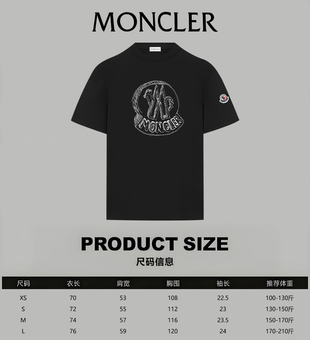 Black Moncler short-sleeve T-shirt with front logo graphic and sleeve patch