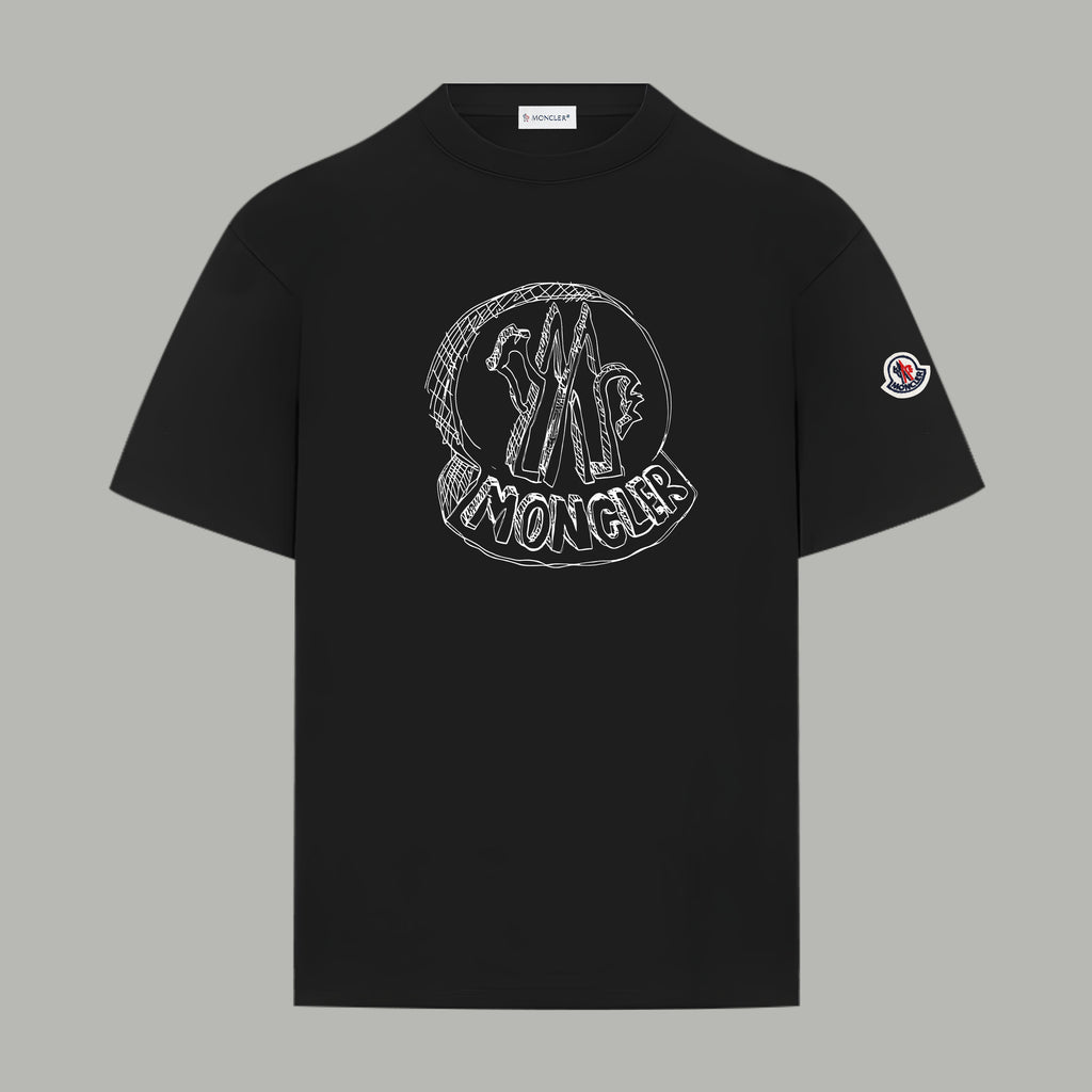 Black Moncler short-sleeve T-shirt with front logo graphic and small sleeve patch
