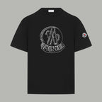 Black Moncler short-sleeve T-shirt with front logo graphic and small sleeve patch