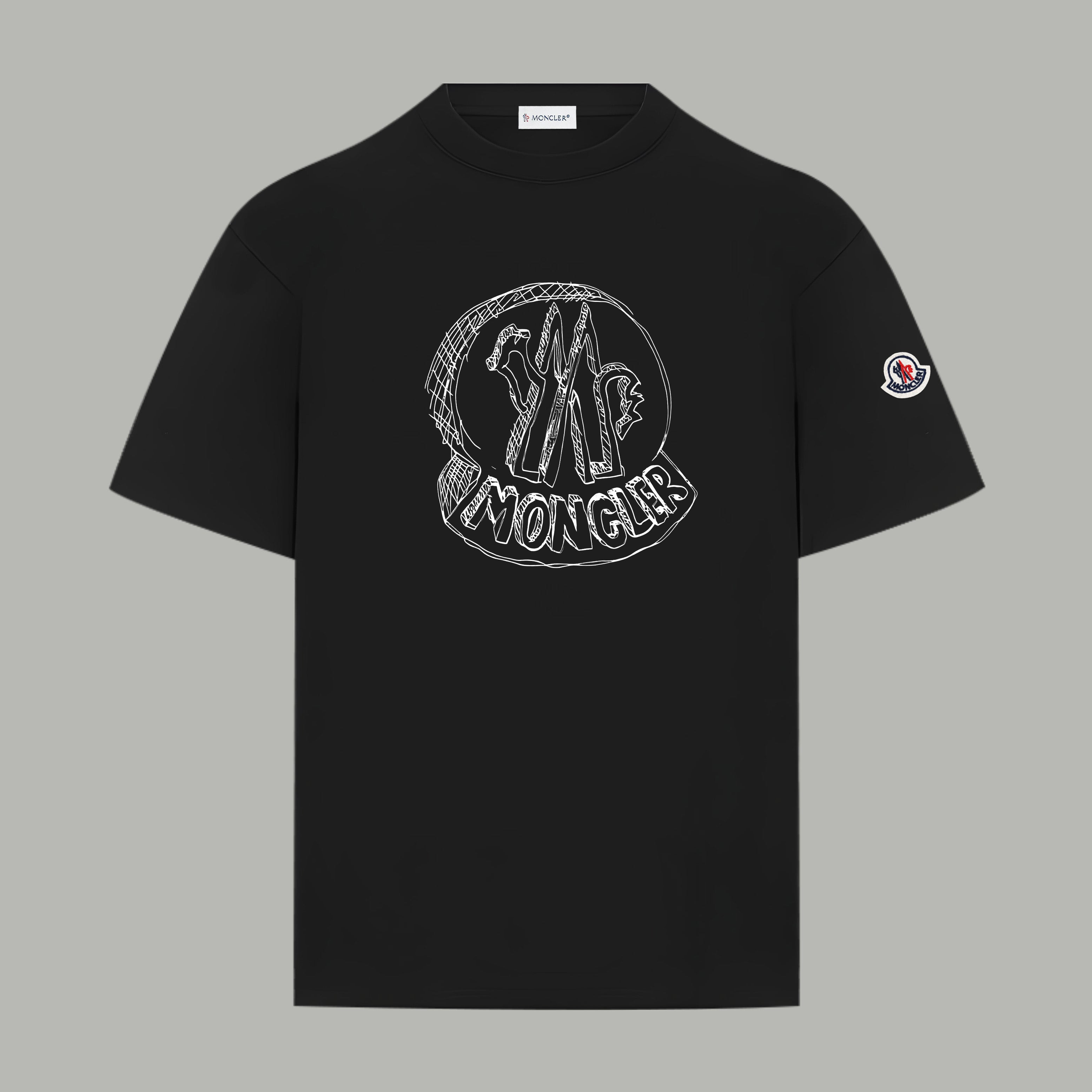 Black Moncler short-sleeve T-shirt with front logo graphic and small sleeve patch