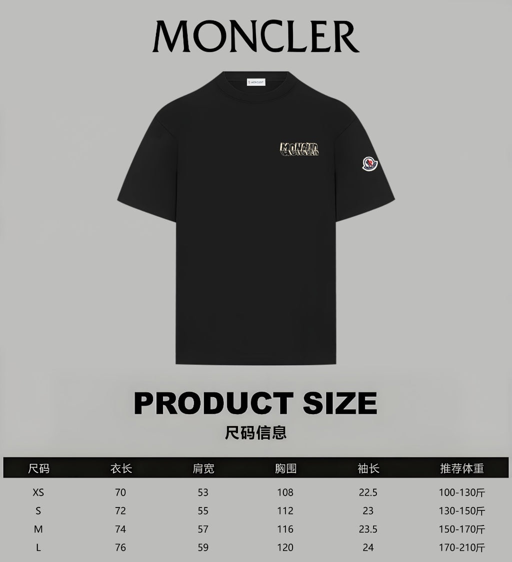 Moncler short-sleeve T-shirt with size chart and measurements overlay
