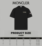 Moncler short-sleeve T-shirt with size chart and measurements overlay