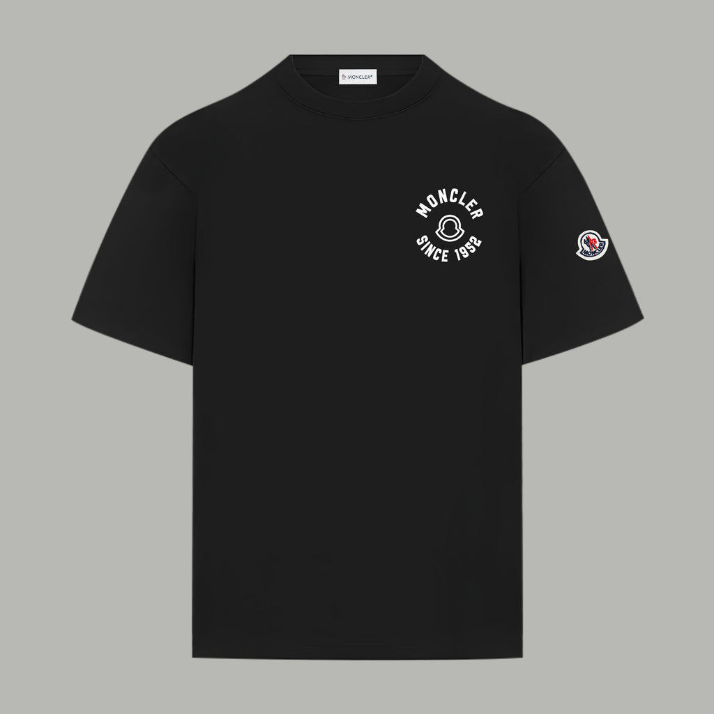 Black short-sleeve crewneck T-shirt with Moncler chest graphic and sleeve patch