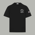 Black short-sleeve crewneck T-shirt with Moncler chest graphic and sleeve patch
