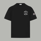 Black short-sleeve crewneck T-shirt with Moncler chest graphic and sleeve patch