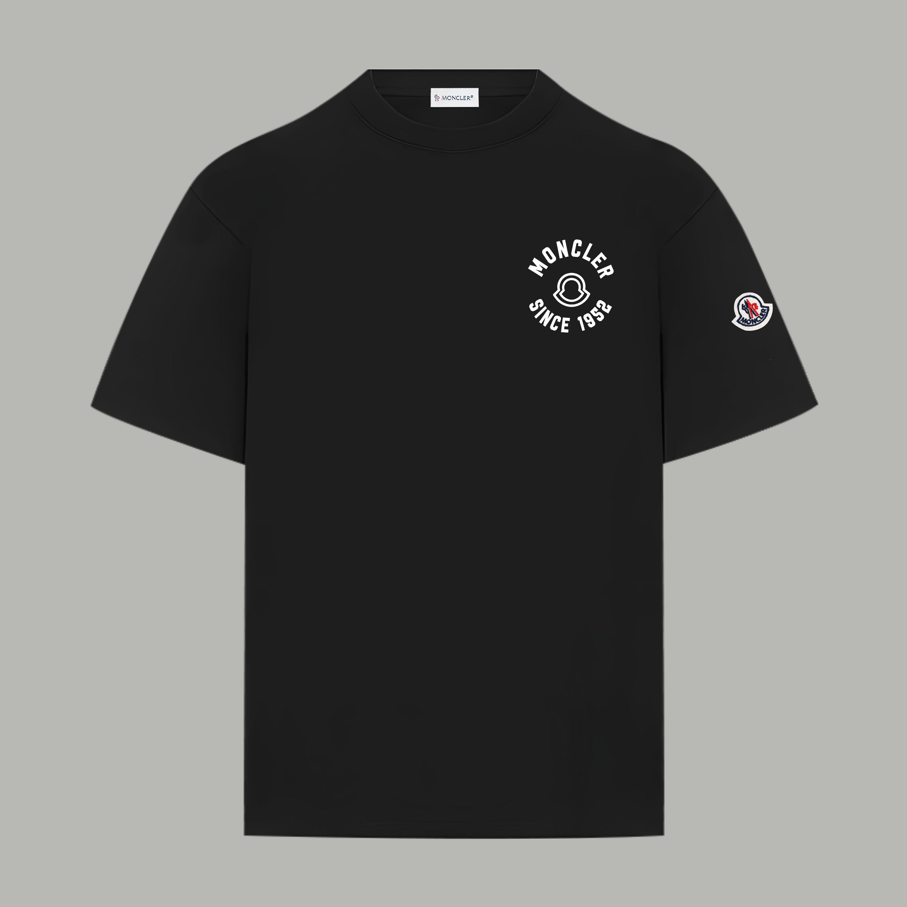 Black short-sleeve crewneck T-shirt with Moncler chest graphic and sleeve patch