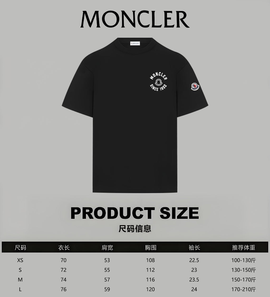 Black short-sleeve crewneck T-shirt with Moncler chest emblem and sleeve patch