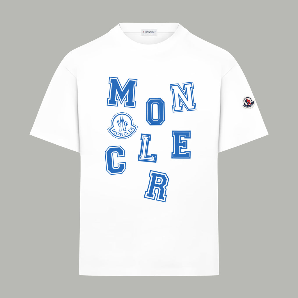 White crew-neck T-shirt with blue varsity-style MONCLER letter graphic