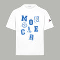 White crew-neck T-shirt with blue varsity-style MONCLER letter graphic