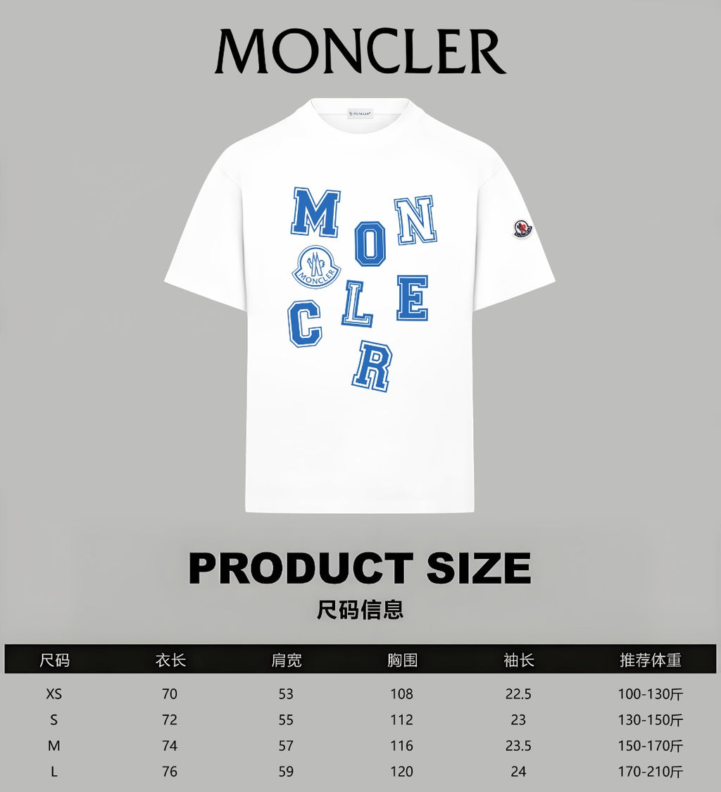 White crew-neck T-shirt with blue MONCLER letter graphic and Moncler branding