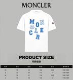 White crew-neck T-shirt with blue MONCLER letter graphic and Moncler branding