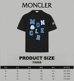 Black Moncler T-shirt with blue graphic and product size chart overlay