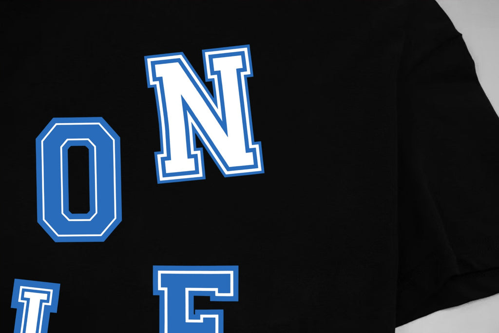 Black short-sleeve T-shirt with large blue 'N' graphic