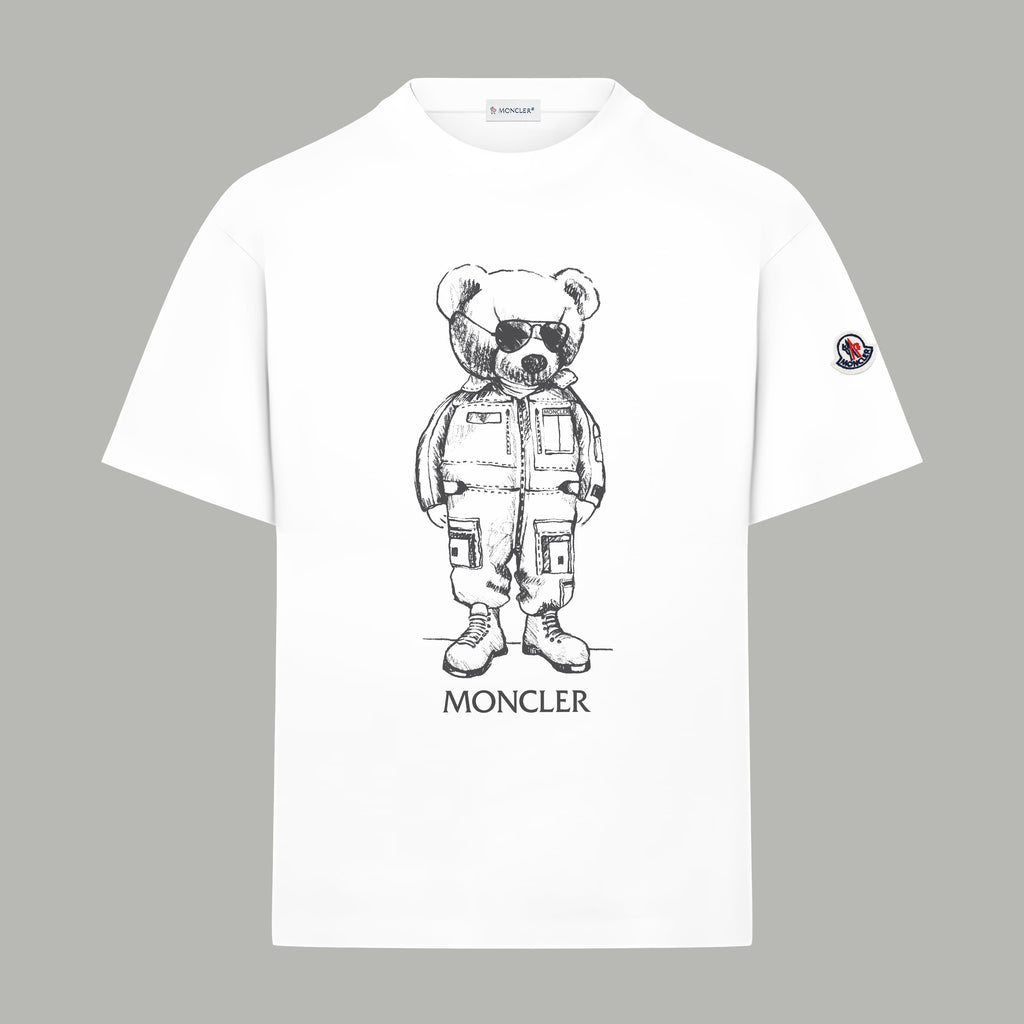 White short-sleeve T-shirt with bear astronaut graphic and Moncler logo