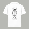 White short-sleeve T-shirt with bear astronaut graphic and Moncler logo