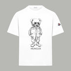 White short-sleeve T-shirt with bear astronaut graphic and Moncler logo