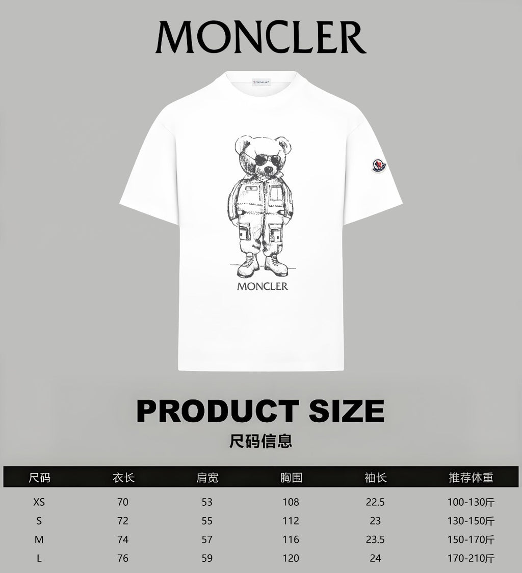 White short-sleeve T-shirt with bear astronaut graphic and product size chart