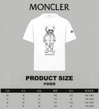 White short-sleeve T-shirt with bear astronaut graphic and product size chart