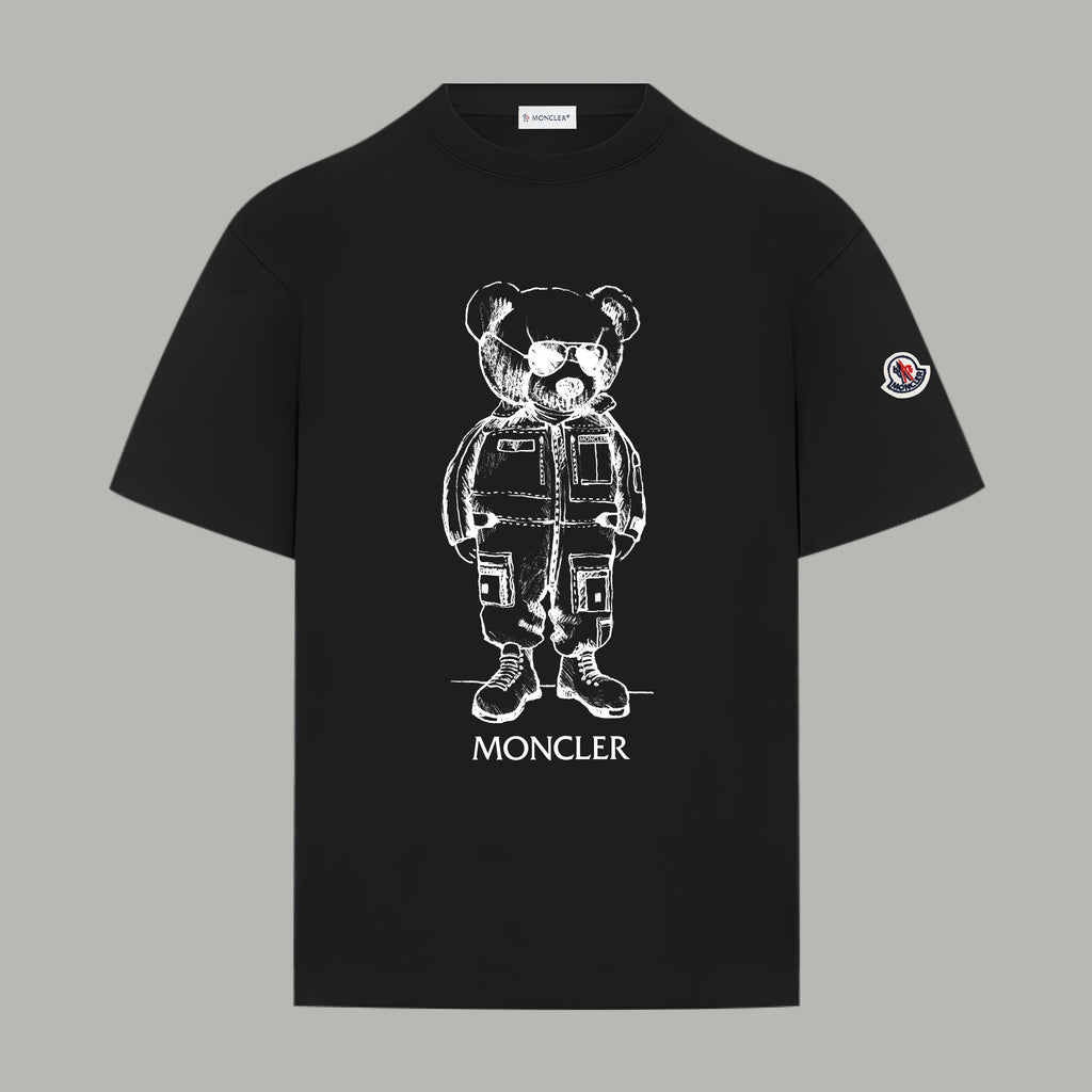 Black T-shirt with panda astronaut graphic and crew neckline