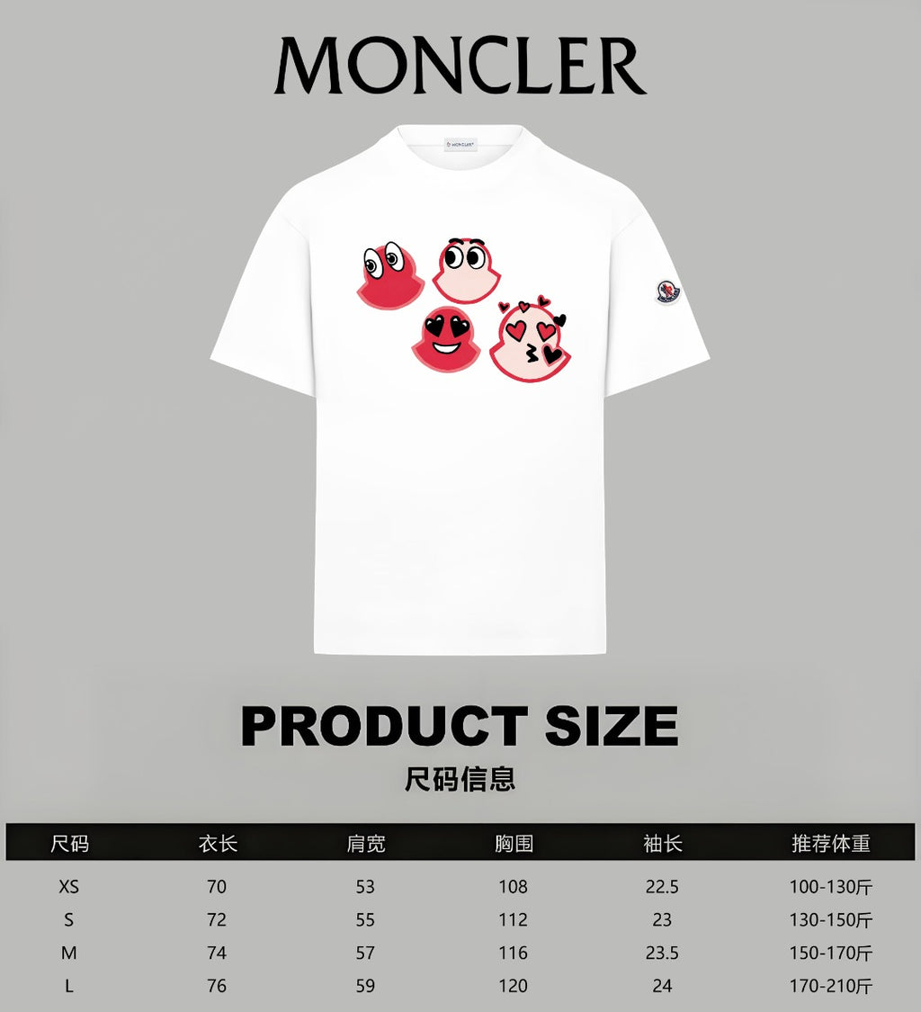 Moncler white short-sleeve T-shirt with red cartoon heart graphic