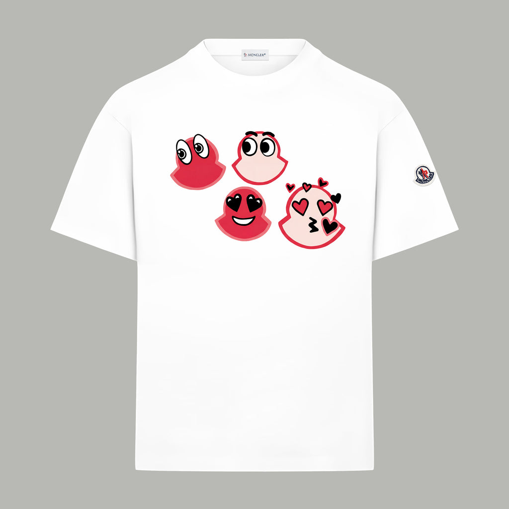 White short-sleeve T-shirt with red cartoon heart graphic