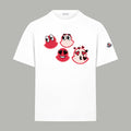 White short-sleeve T-shirt with red cartoon heart graphic