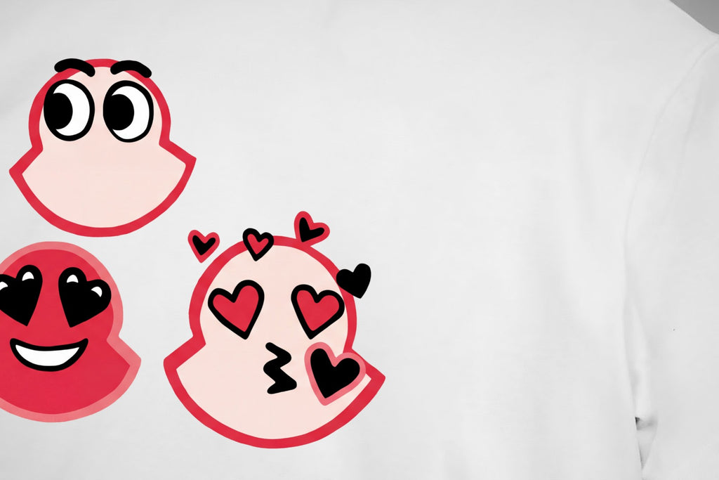 White T-shirt close-up of red cartoon characters and hearts
