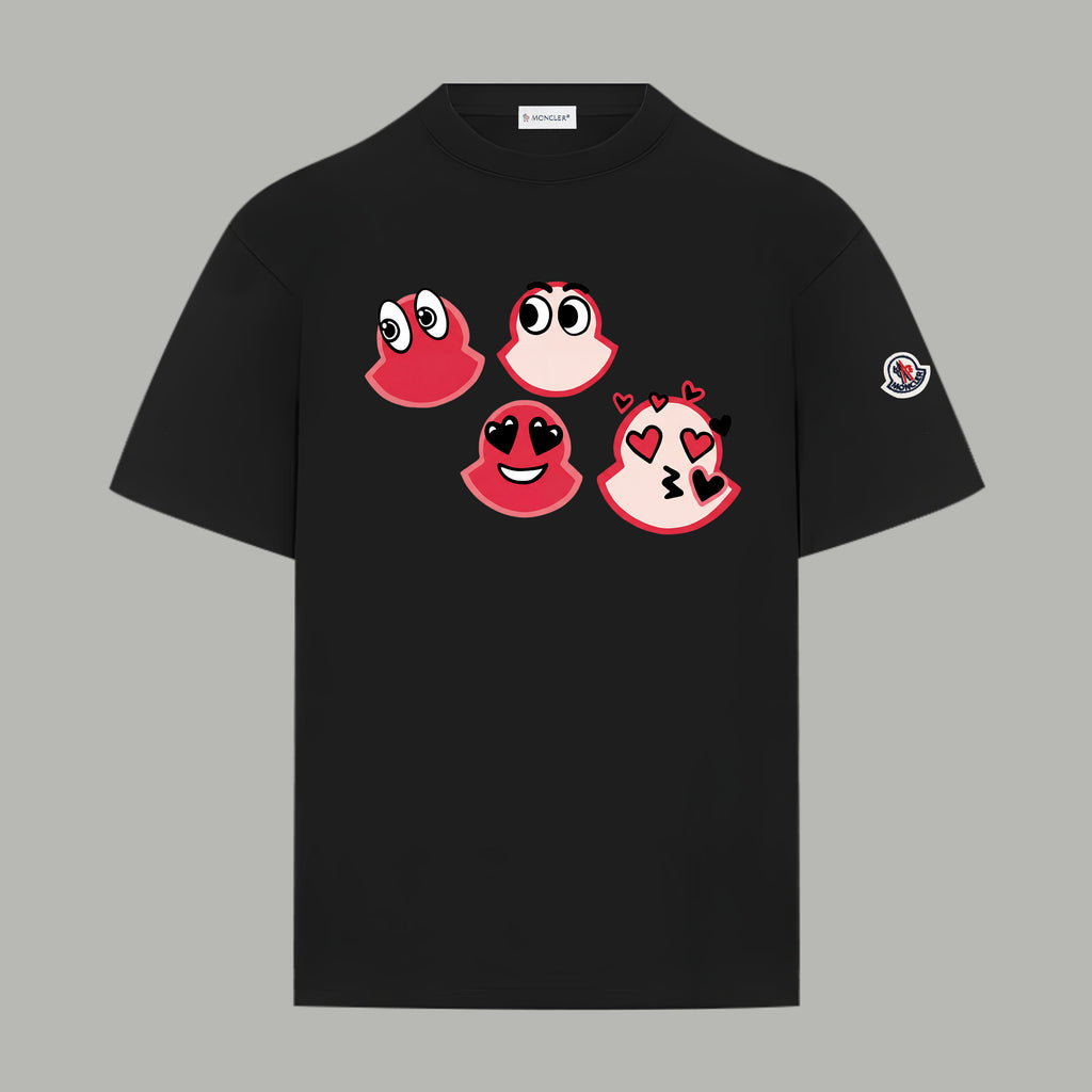 Black short-sleeve T-shirt with red cartoon faces graphic and Moncler sleeve patch