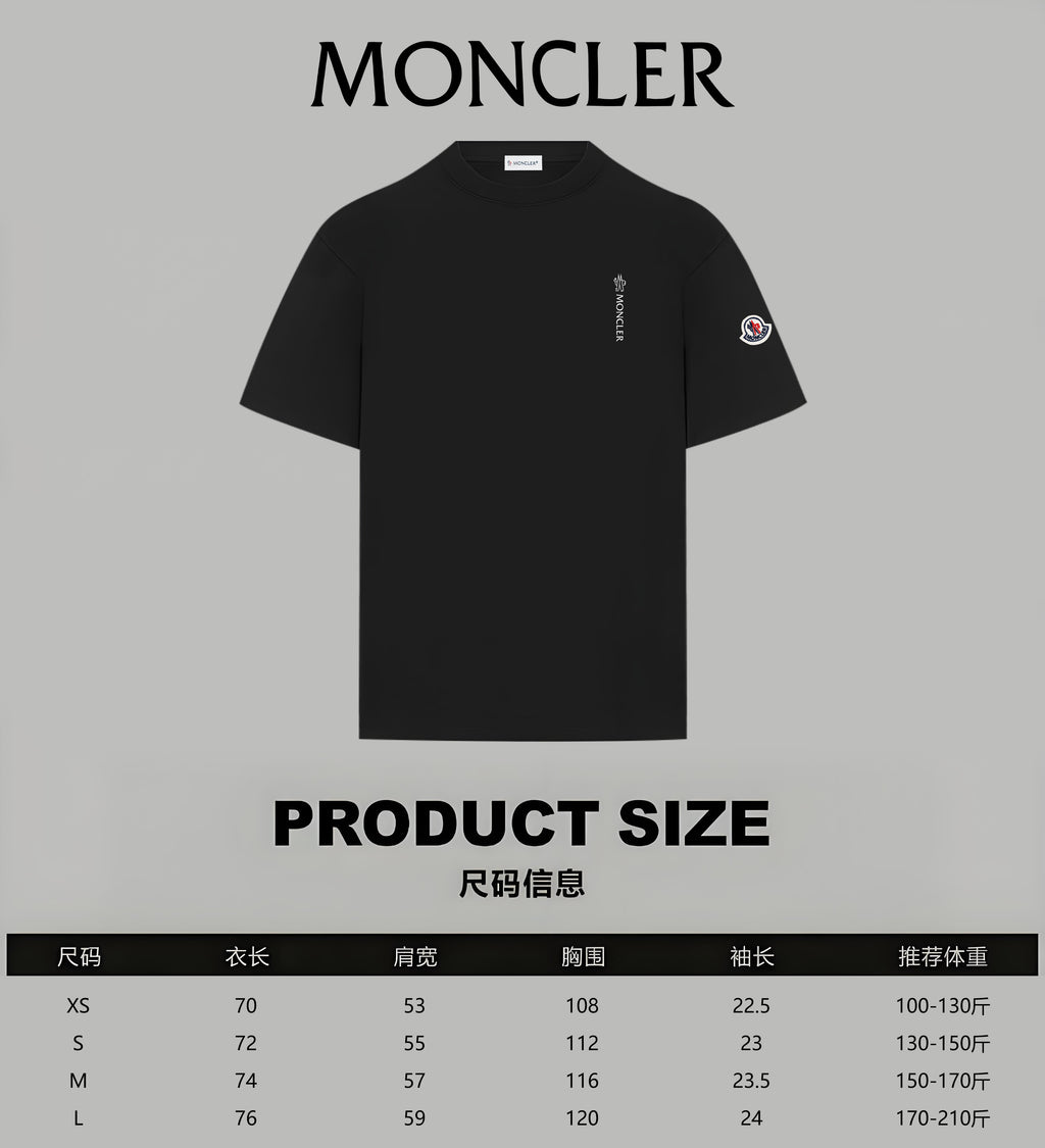 Black Moncler T-shirt with product size chart