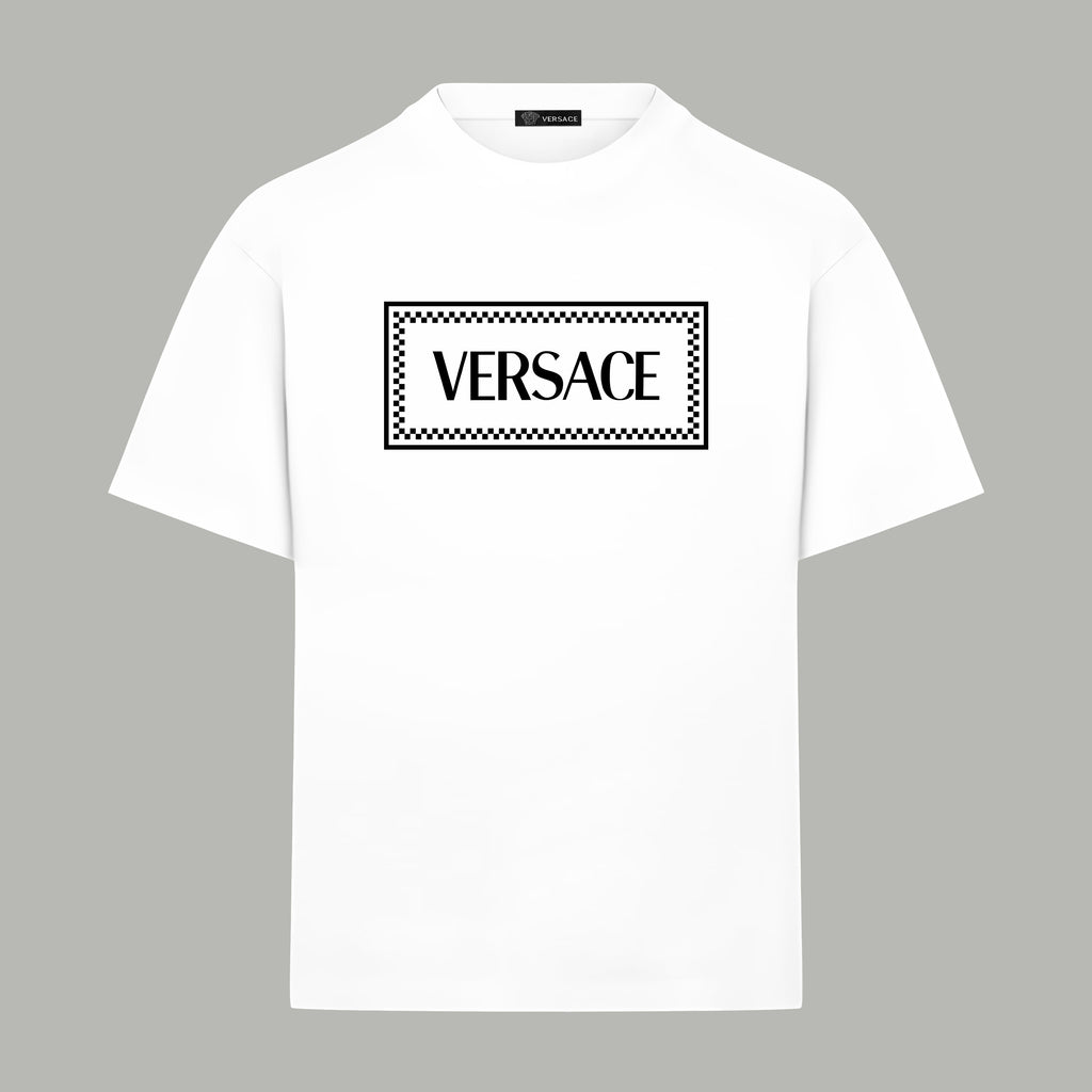 Versace white T-shirt with rectangular VERSACE logo print at chest