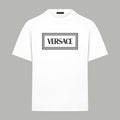 Versace white T-shirt with rectangular VERSACE logo print at chest