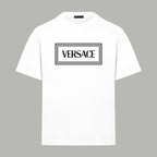 Versace white T-shirt with rectangular VERSACE logo print at chest