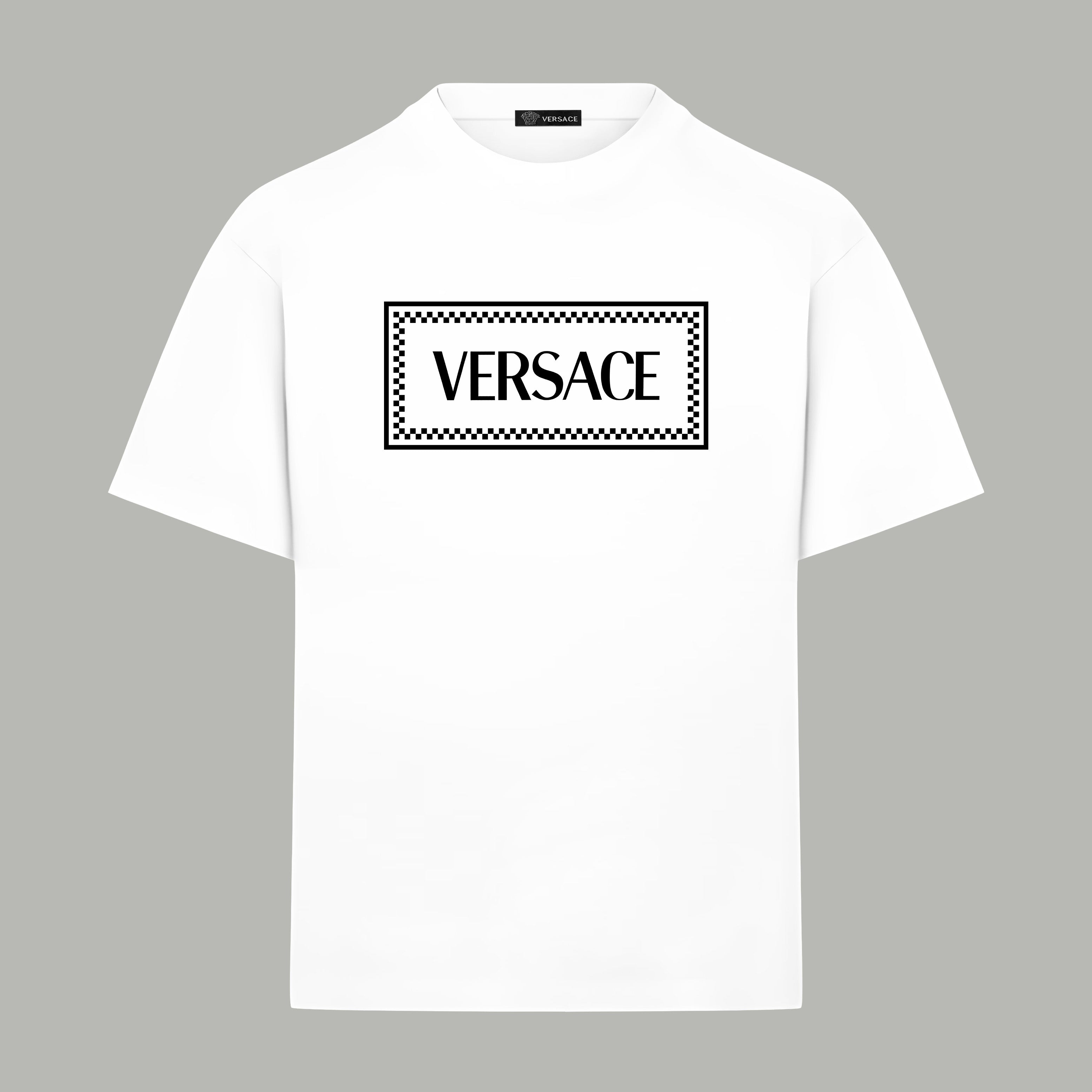 Versace white T-shirt with rectangular VERSACE logo print at chest