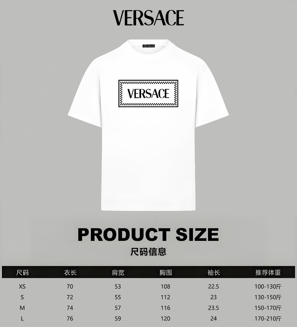 Versace white T-shirt with VERSACE logo; product size chart on image