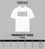 Versace white T-shirt with VERSACE logo; product size chart on image