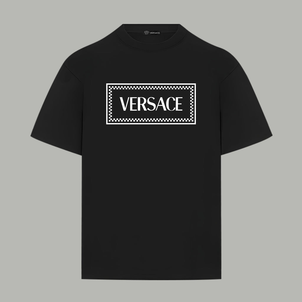 Black Versace logo T-shirt with checker-outline rectangular chest print