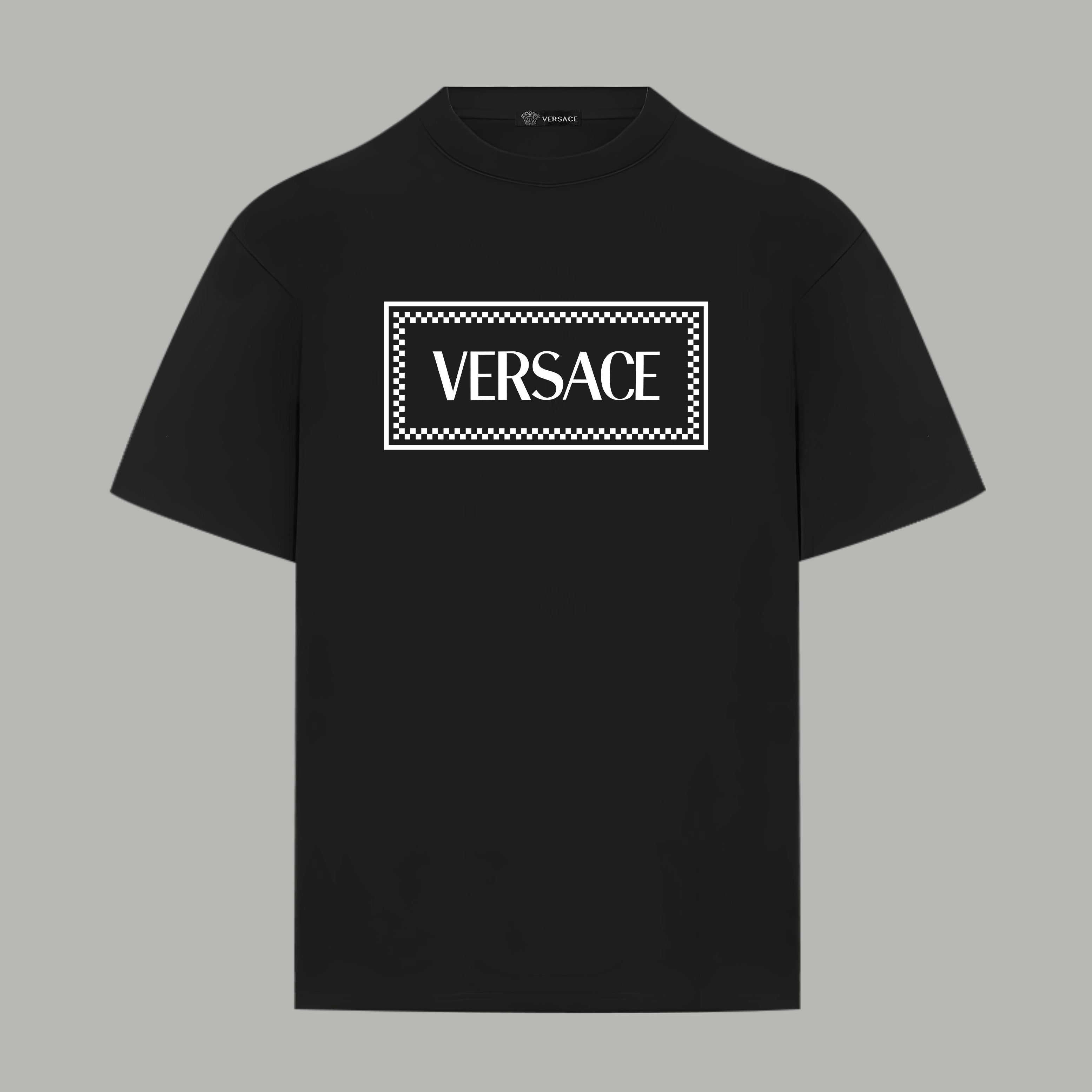 Black Versace logo T-shirt with checker-outline rectangular chest print