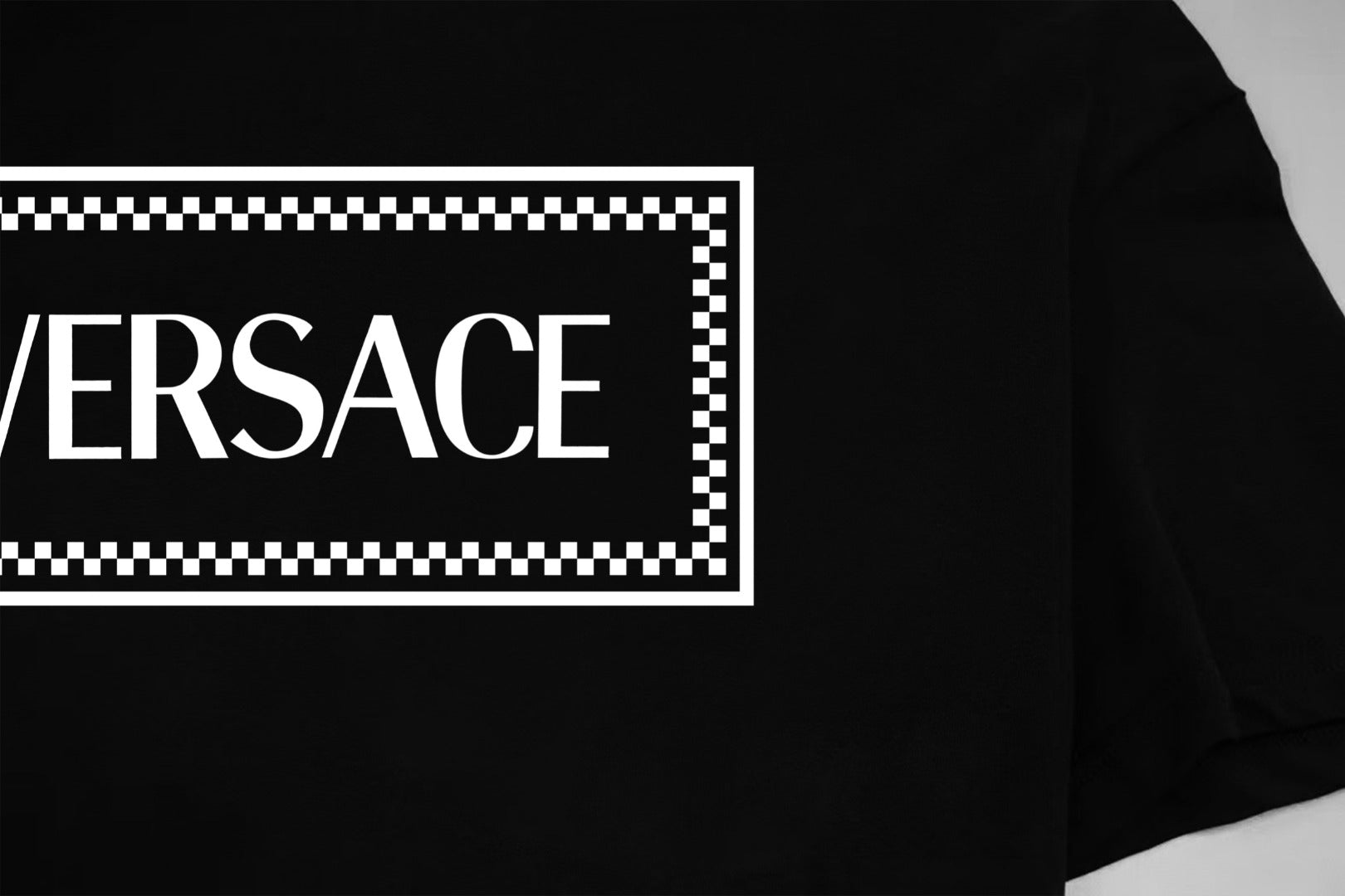 Black T-shirt with Versace checker-logo rectangular patch
