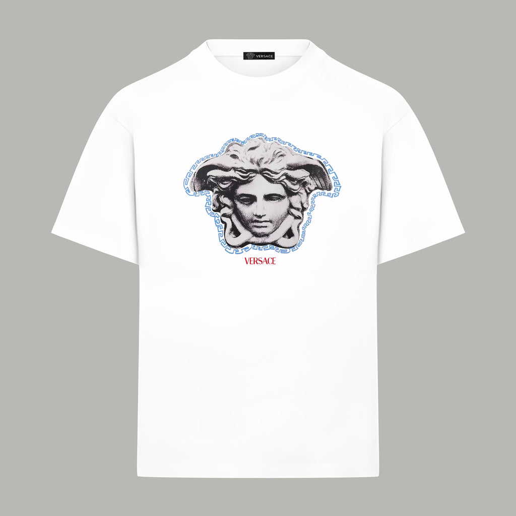 White Versace T-shirt with blue Medusa head graphic on front