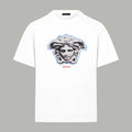 White Versace T-shirt with blue Medusa head graphic on front