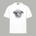 White Versace T-shirt with blue Medusa head graphic on front