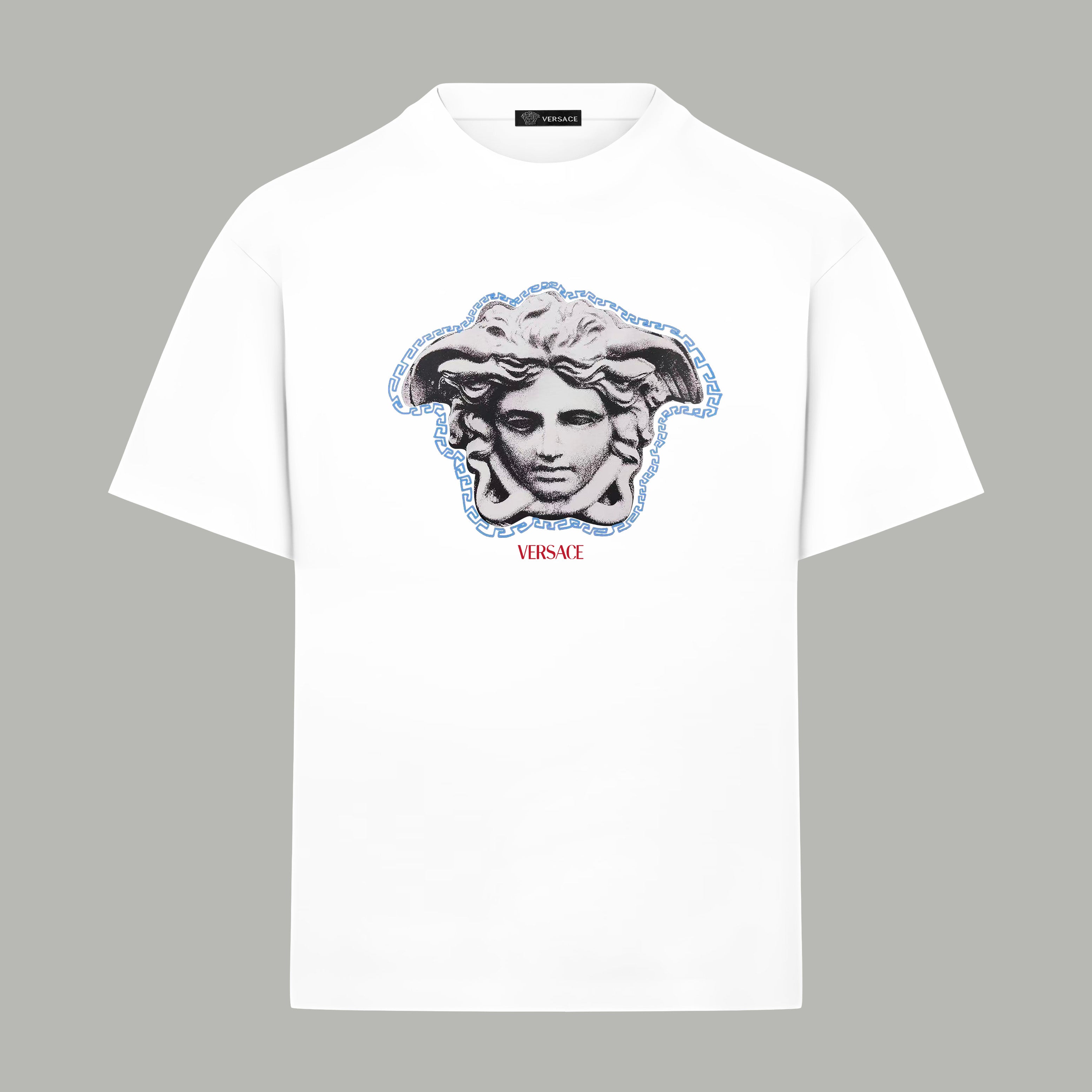 White Versace T-shirt with blue Medusa head graphic on front