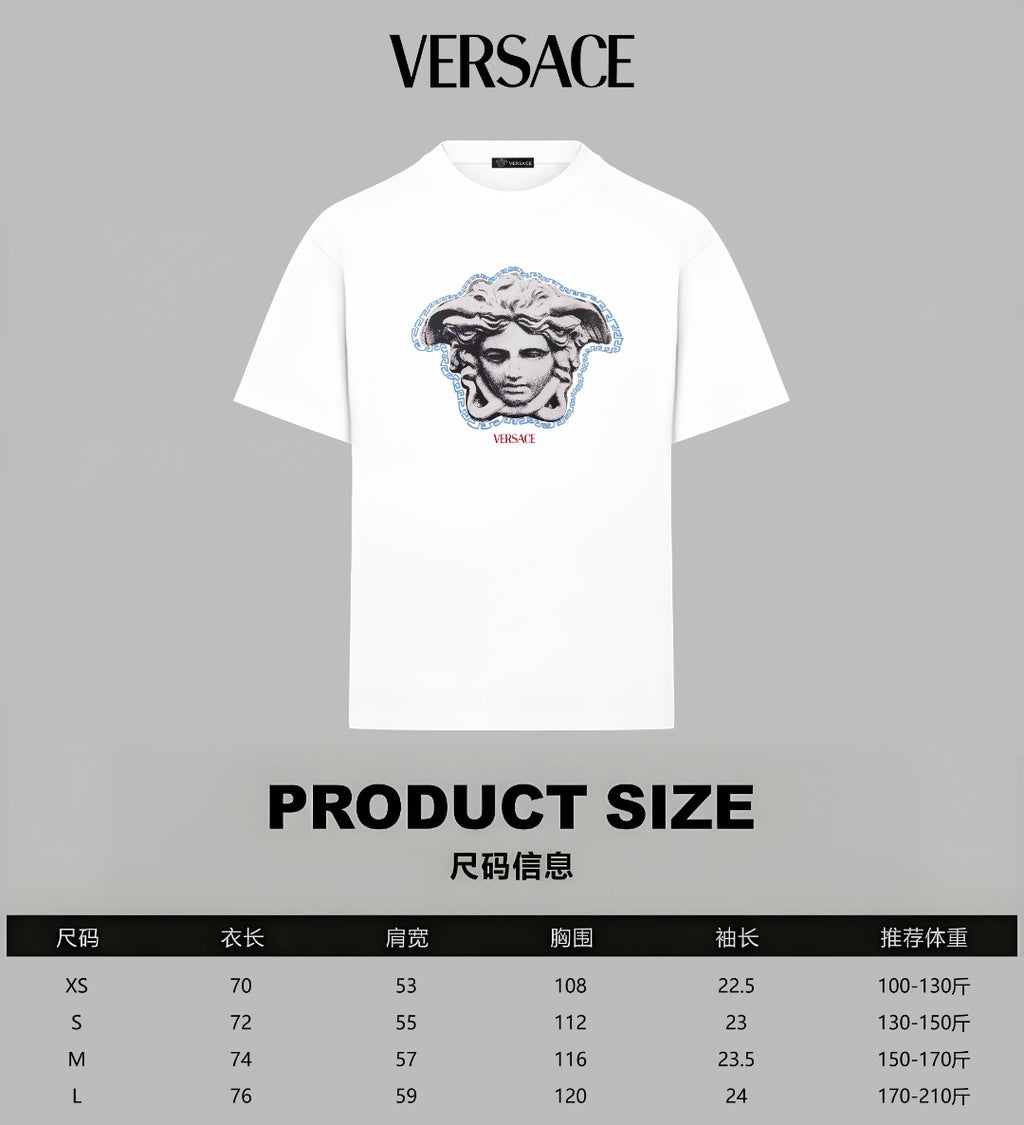 White Versace T-shirt with Medusa graphic and product size chart