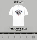 White Versace T-shirt with Medusa graphic and product size chart